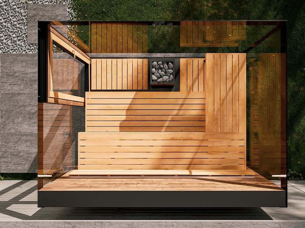 Contemporary outdoor sauna with black frame, full glass front and cedar interior